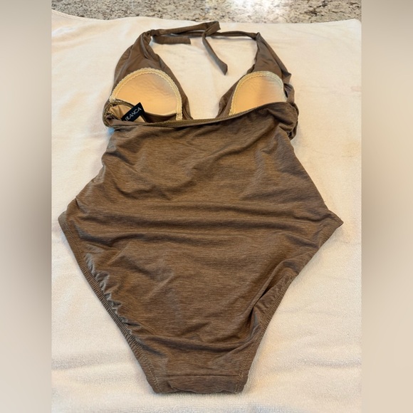 La Blanca Tan One Piece Swimsuit with Ruched Halter Design - Picture 5 of 5
